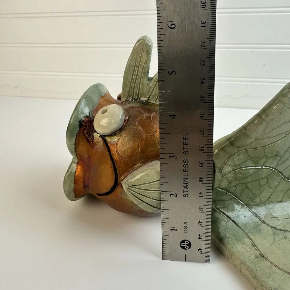 Artisan Raku Pottery Happy Surprised Fish Whimsical Coastal Beach Signed Ceramic